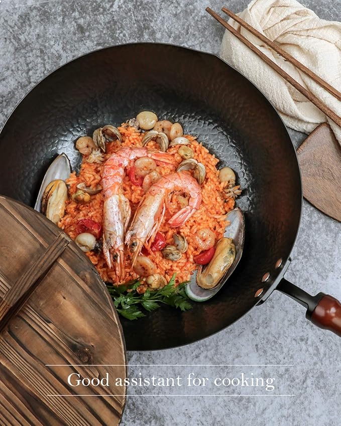 Wok Pan 12.5", Woks and Stir Fry Pans with lid, Carbon Steel Wok with Cookware Accessories, Flat Bottom Suits for all Stoves