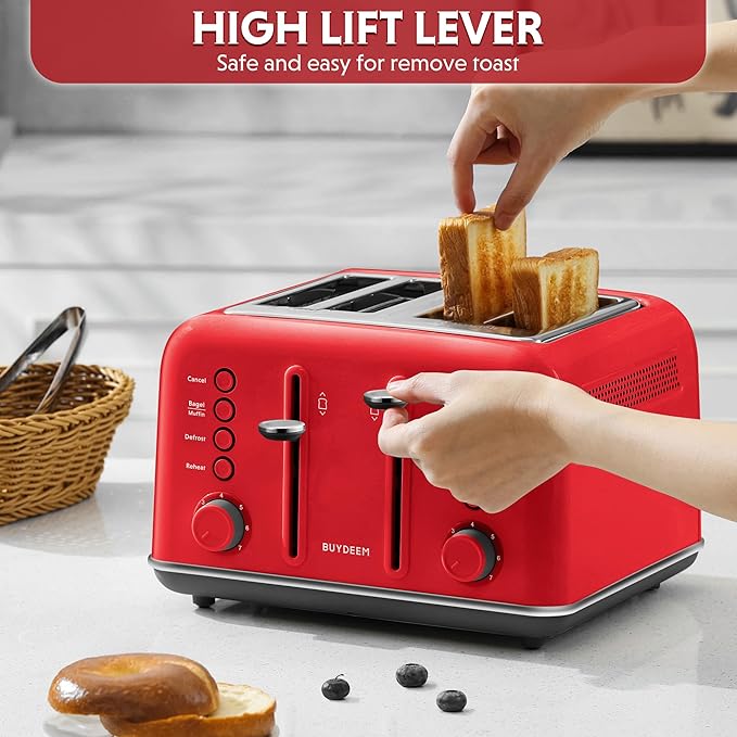 BUYDEEM DT640 4-Slice Toaster, Extra Wide Slots, Retro Stainless Steel with High Lift Lever, Bagel and Muffin Function, Removal Crumb Tray, 7-Shade Settings,Red