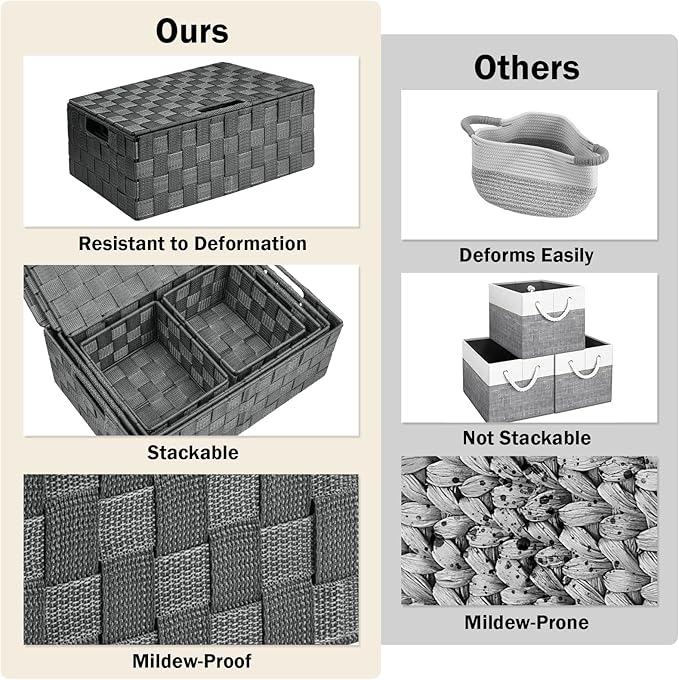 Storage Bins with Lids, Woven Storage Box Organizer Containers Decorative Baskets Cube for Clothes Bedroom Closet Office (5 Pack, Grey)