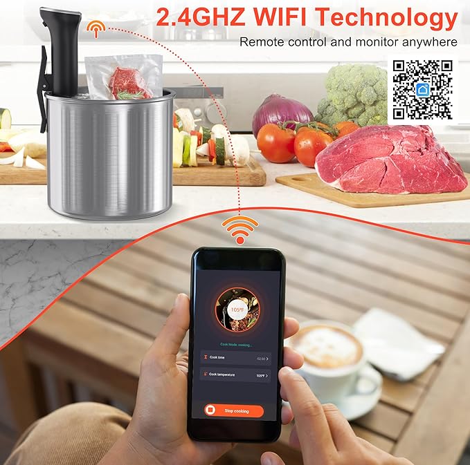 Sous Vide Machine, Sous Vide Cooker 1100W, WiFi Connect App Control with Recipe, Fast-Heating Immersion Circulator Cooker with Accurate Temperature and Time Control, Ultra Quiet, IPX7 Waterproof
