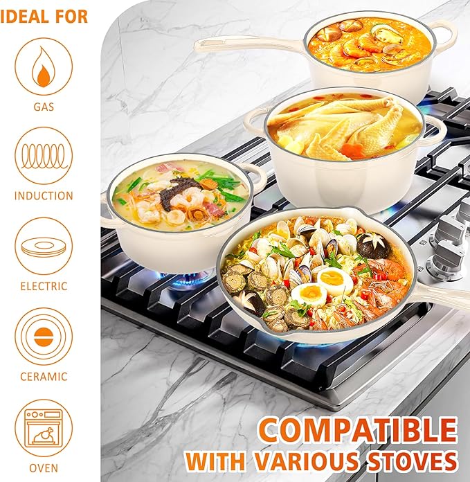 Hisencn Enameled Cast Iron Cookware Set - 7-Piece Ceramic Coated Cast Iron Cookware Set, Dutch Ovens, Sauce Pan, Skillet, 3 Lids, Heavy Duty Cookware, Gas/Induction Compatible, PFA Free, Cream White