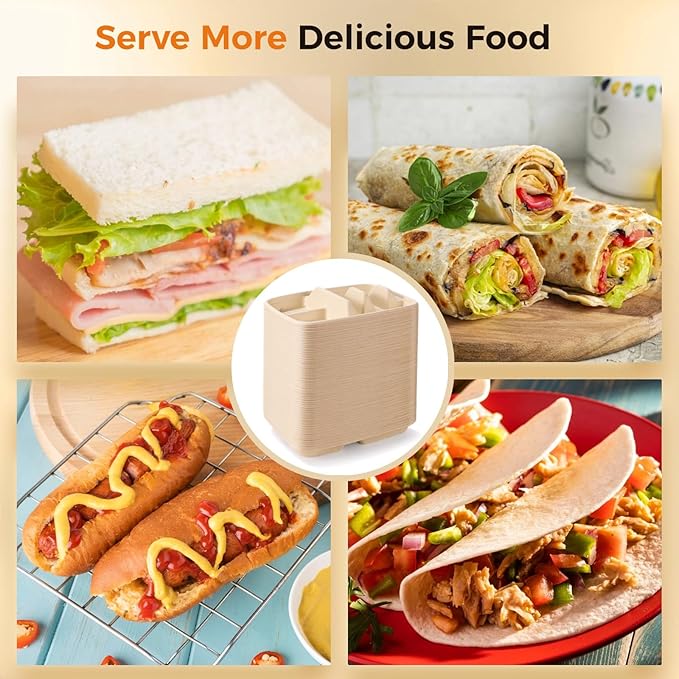 100 PCS Taco Plates Disposable, Bagasse Pulp 2-Slot Taco holder with Side Compartments, Safe Plant Fiber Tray for Taco Tuesday, Party, Sandwich, Hot Dog, Sauce & Snack Serving (With Compartments)