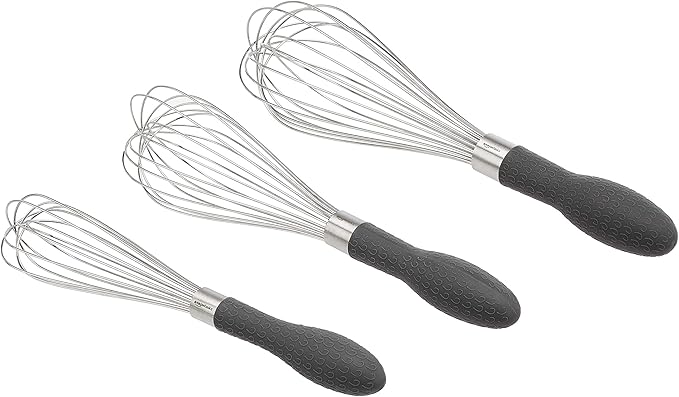Amazon Basics Stainless Steel Wire Whisk Set for Cooking, Dishwasher Safe, 3 Piece, Black/Silver