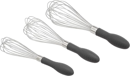 Amazon Basics Stainless Steel Wire Whisk Set for Cooking, Dishwasher Safe, 3 Piece, Black/Silver