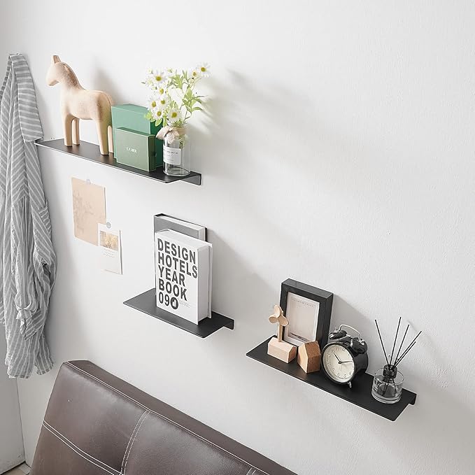 JOOM Black Floating Shelves for Wall Storage, Metal Wall Shelves for Living Room, Bathroom, Kitchen, 16” Display Shelves for Collectibles(2 PCS)