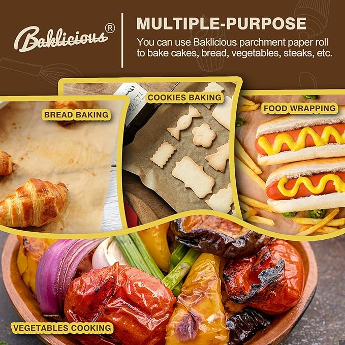 Unbleached Parchment Paper Roll for Baking, 13 in x 242 Ft, 249 Sq.Ft, Baklicious Non-stick Baking Parchment Paper for Baking, Cookies, Bread, Oven, Air Fryer, Steamer, Baking paper