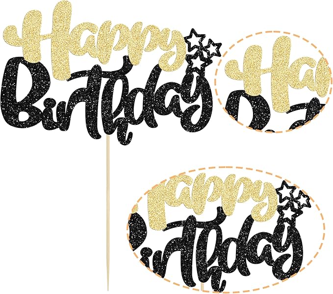 Ephlyn 1Pcs Happy Birthday Cake Topper Glitter Cake Pick for Celebrating Anniversary Theme Party Cake Decorations Supplies Black Gold