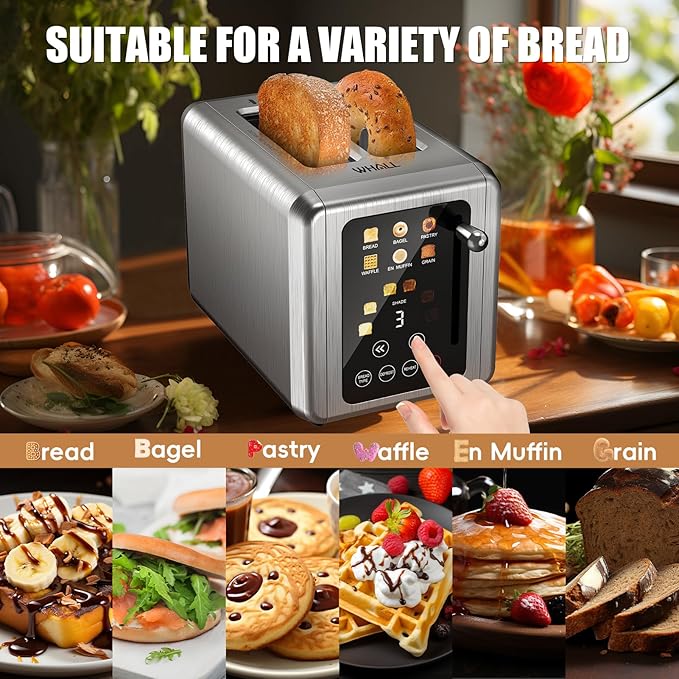 WHALL® Touch Screen Toaster 2 Slice, Stainless Steel Digital Timer Toaster, 6 Bread Types & 6 Shade Settings, Smart Extra Wide Slots Toasters With Bagel, Cancel, Defrost Functions