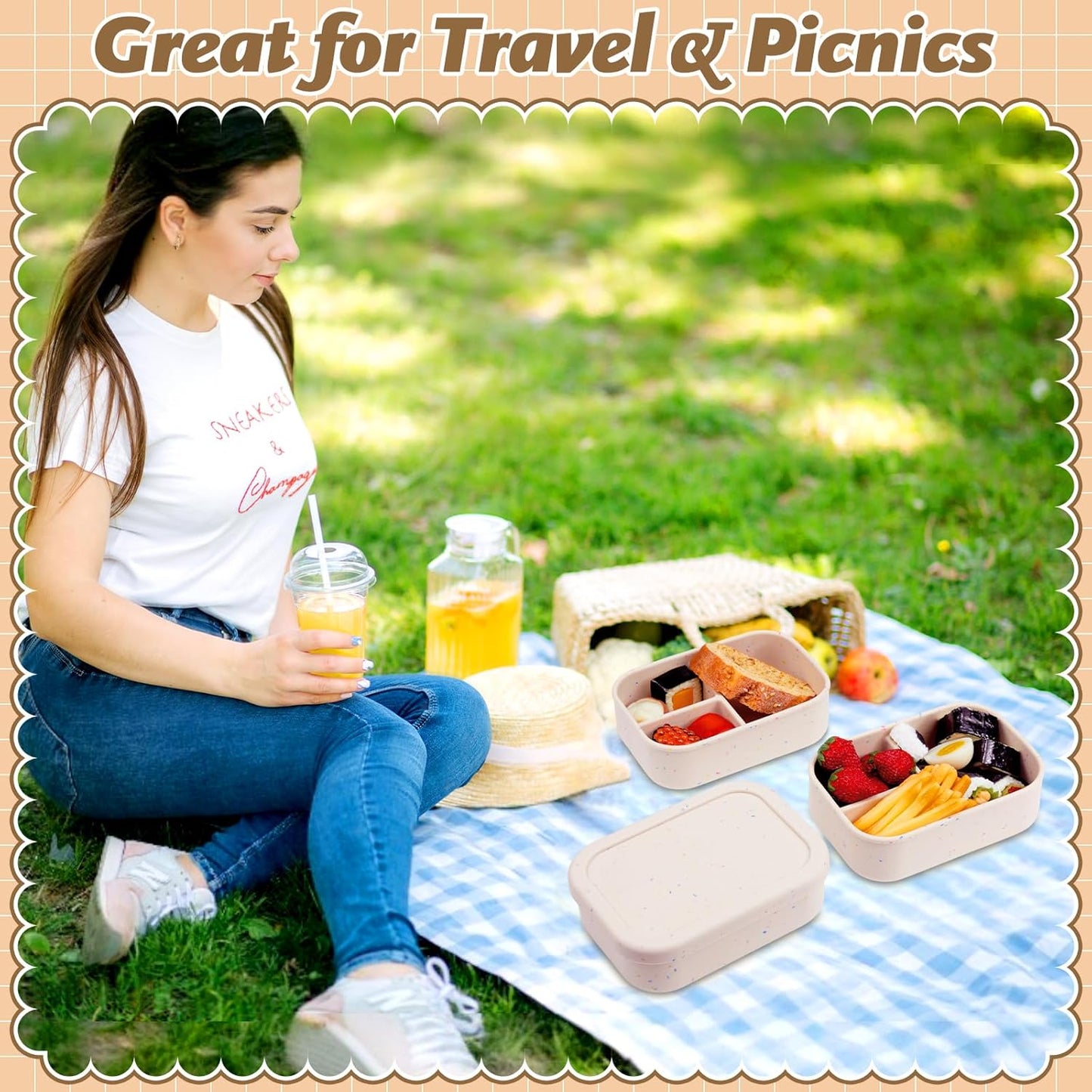 Honeydak 4 Pcs Silicone Bento Lunch Box 3 Compartment Reusable Leakproof Silicone Bento Lunch Container for Adults Microwave Dishwasher Freezer Safe(Beige)