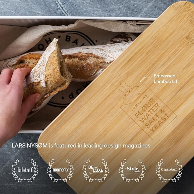 LARS NYSØM Bread Box I Metal Box with linen bag for long lasting freshness I Bread Bin with bamboo lid usable as cutting board I 13.4x7.3x5.3In (Almond Beige)