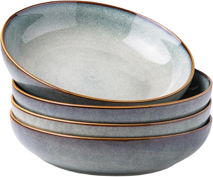 AmorArc 8.5'' Large Ceramic Pasta Bowls, 36oz Stoneware Pasta Serving Bowls Set of 4 for Kitchen, Wide Bowls for Pasta,Salad,Oatmeal, Microwave Safe, Reactive Glaze-Ocean