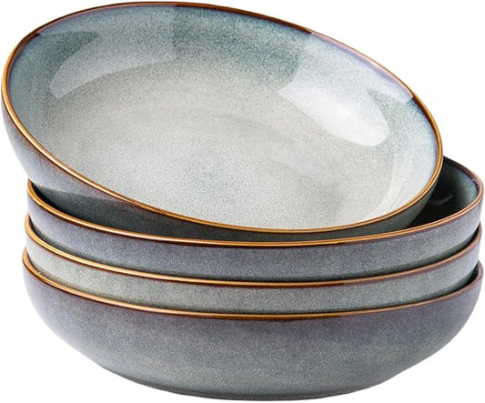 AmorArc 8.5'' Large Ceramic Pasta Bowls, 36oz Stoneware Pasta Serving Bowls Set of 4 for Kitchen, Wide Bowls for Pasta,Salad,Oatmeal, Microwave Safe, Reactive Glaze-Ocean