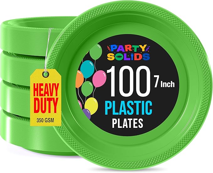 Exquisite Party Solids Lime Green Plastic Plates For Party 7" Lime Green Disposable Plates Heavy Duty Supplies 100 Pcs Plastic Dinnerware Sets Heavy Duty 350 GSM Disposable Dinnerware Set