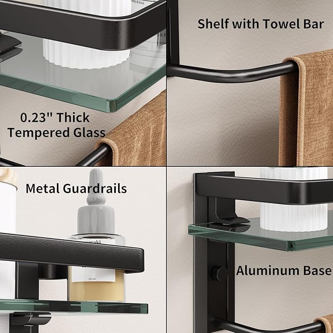 Danpoo Bathroom Wall Shelf with Towel Bar, Clear Tempered Glass, Hand Towel Holder (Matte Black)