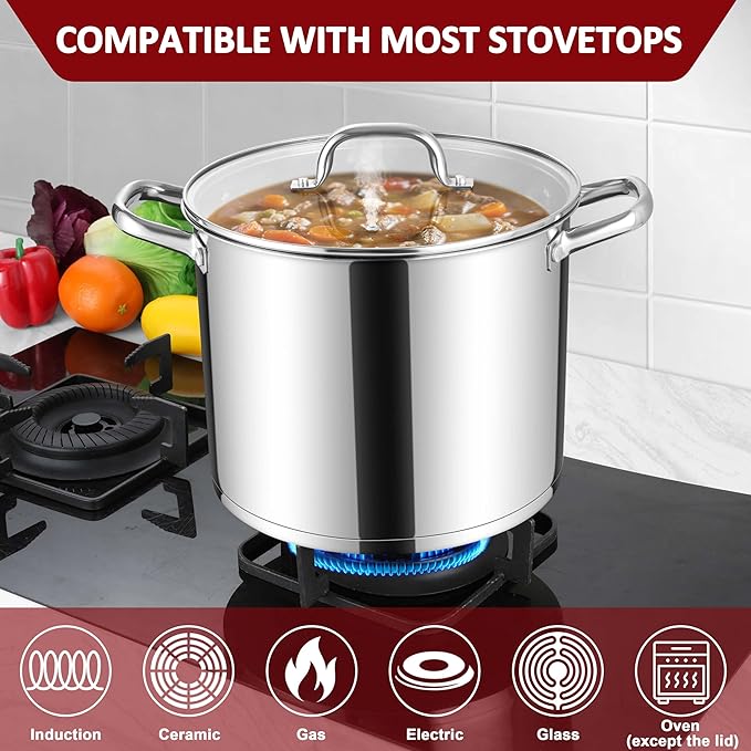 Herogo 12-Quart 18/10 Stainless Steel Stock Pot with Lid, Large Heavy Duty Soup Pot Compatible with Electric, Gas, Induction and Various Cooktops, Dishwasher Safe