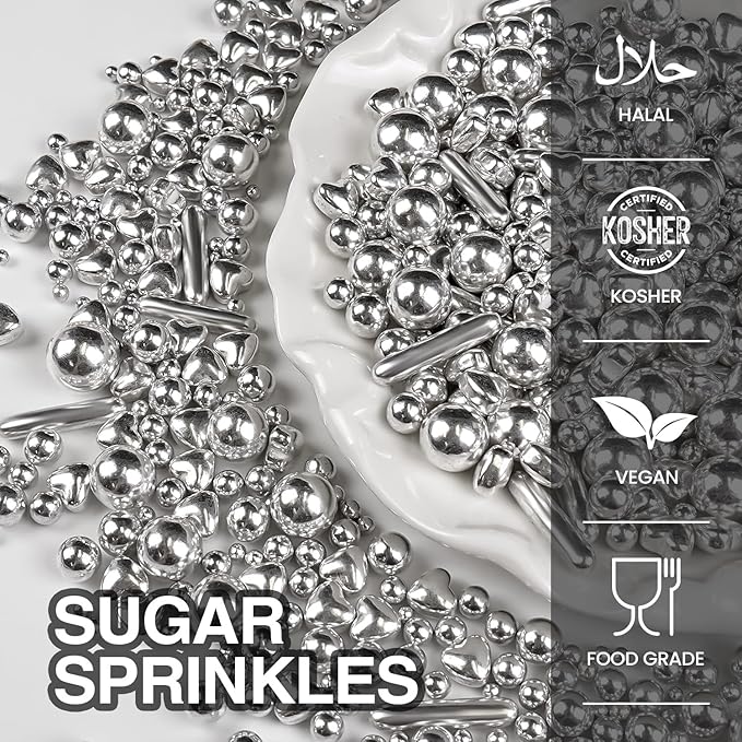 Silver Pearl Rods Heart Sprinkles, Baking Sugar, Silver Sprinkles for Cake, Mix Size, Cupcake Decoration, Holiday, Mother's Day, Wedding Party Supplies