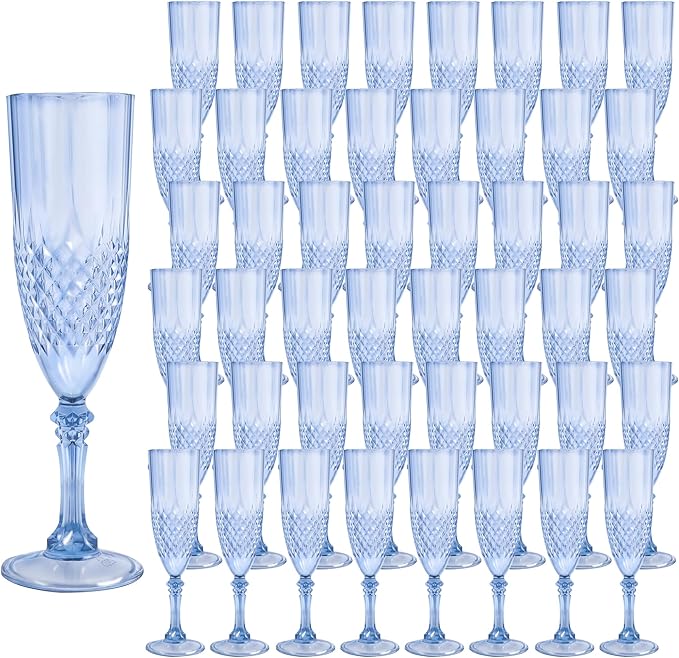 Plastic Champagne Flutes, 48PCS Blue Plastic Wine Glasses Goblets Reusable Champagne Flute for Weddings, Bachelor Parties, Toasting, and Events (48, Blue)
