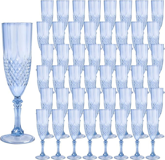 Plastic Champagne Flutes, 48PCS Blue Plastic Wine Glasses Goblets Reusable Champagne Flute for Weddings, Bachelor Parties, Toasting, and Events (48, Blue)