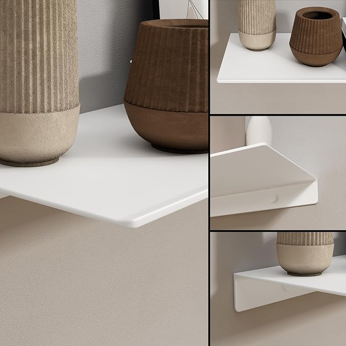 JOOM White Floating Shelves for Wall Storage, Metal Wall Shelves for Living Room, Bathroom, Kitchen, 12” Small Display Shelves for Collectibles(2 PCS)