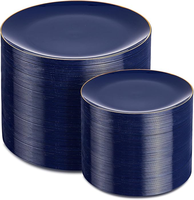 PULOTE 200 Pieces Blue Plastic Plates - Navy Blue and Gold Disposable - Include 100PCS 10 inch Dinner & 100PCS 7 inch Dessert Plate for Party