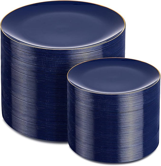 PULOTE 200 Pieces Blue Plastic Plates - Navy Blue and Gold Disposable - Include 100PCS 10 inch Dinner & 100PCS 7 inch Dessert Plate for Party