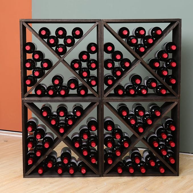 Wine Rack Cabinet countertop Wooden Stackable Storage Retro Cube freestanding Floor Wine Bottle Holder Stand(96BottleBlack)