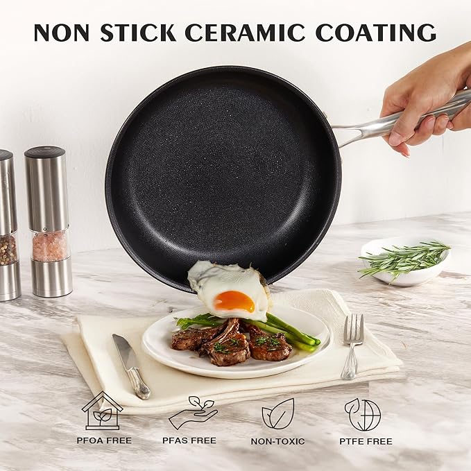 KITEXPERT Non Stick Frying Pans with Lid, 10" Titanium Ceramic Pan Nonstick Stainless Steel Skillet, PFAS PFOA & PTFE Free, Quick-Cool Handle, Dishwasher & Oven Safe, Compatible with All Cooktops