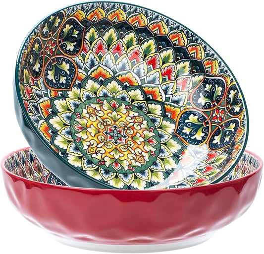 Large Serving Bowls, 75 Oz Fruit Salad Bowls Set of 2, Bohemian Style Large Porcelain Dishes for Entertaining Parties,Big Bowls for Salad, Pasta, Fruit, Chips, 10.3 Inch Diameter (green.red)