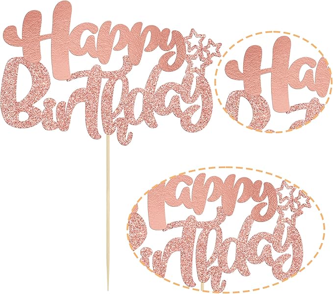 Ephlyn 1Pcs Happy Birthday Cake Topper Glitter Cake Pick for Celebrating Anniversary Theme Party Cake Decorations Supplies Rose Gold