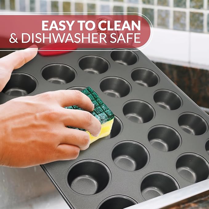Boxiki Kitchen 24 Cup Mini Muffin Pan with Silicone Handles | Professional Non-Stick Cupcake Pan for Muffins, Cupcakes, Egg Bites, and More