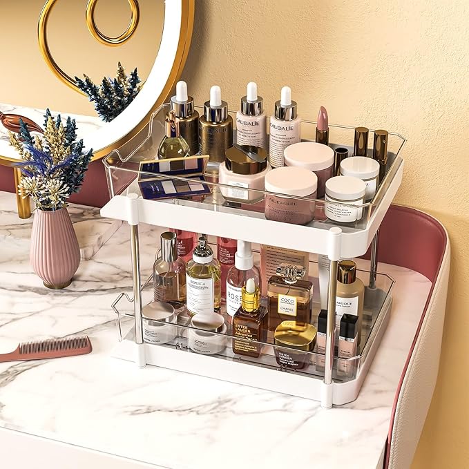 JLKDQ 4 Pack Bathroom Under Sink Organizers and Storage, 2-Tier Pull Out Cabinet Organizer and Medicine Storage Shelf,Fit Cabinets, Kitchens,Food Pantry. (White&Clear,10.63" L x 8.0" W x 8.46" H).