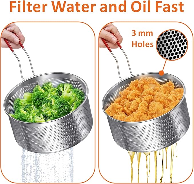 Deep Fryer Basket, 7.8''x4'' Fry Only, Round Stainless Steel Frying Baskets with Heat Resistant Silicone Handle, for Kitchen Cooking Strainer Colander, Serving Food, Ideal for Gift, 3-Quart