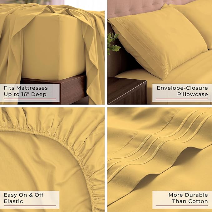 Mellanni King Sheets Set - 4 PC Iconic Collection Bedding - Hotel Luxury, Extra Soft, Cooling Bed Sheets - Wrinkle, Fade, Stain Resistant (King, Yellow)