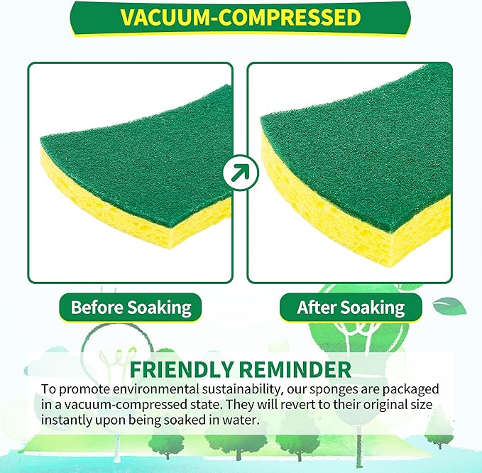 HOMERHYME Heavy Duty Scrub Sponge 24 Pack, Eco Cellulose Kitchen Dish Sponge Multipurpose Ergonomic for Washing Dishes, Uncoated Cookware & Household Cleaning.