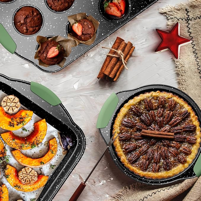 11-Piece Nonstick Bakeware Set, Stackable & Oven-Safe Kitchen Baking Pans with Silicone Handles - Includes Cookie Sheet, Cake Pan, Muffin Tin, Pizza Stone & Bread Loaf Pan, Dark Green&Black