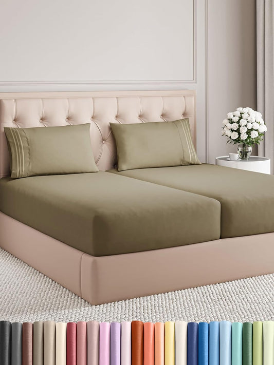 Split King Size 5 Piece Sheet Set - Comfy Breathable & Cooling Bed Sheets Set - Hotel Luxury Bedding for Women, Men, Kids, Teens, Boys & Girls - Deep Pockets, Soft and Wrinkle Free - Oeko-Tex - Khaki