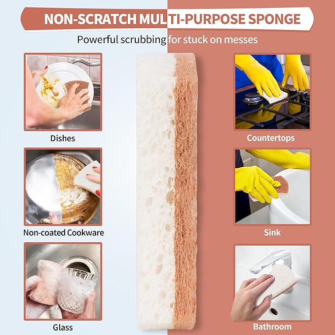 HOMERHYME Natural Dish Sponge 12 Pack, Non-Scratch Scrub Kitchen Sponge, Eco Multipurpose, Odor-Less Dual-Sided for Dish Washing & Household Cleaning