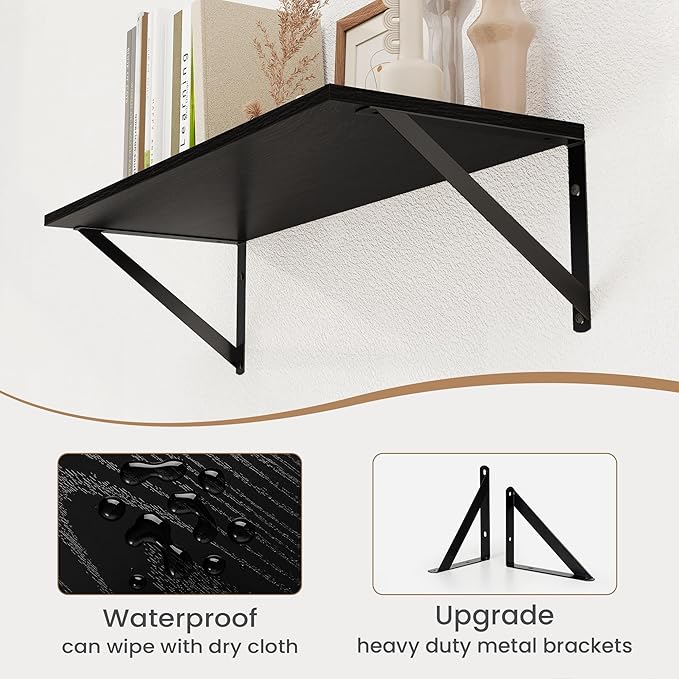Heimlove Black Deep Floating Shelves for Wall, 24W x 8D Wood Wall Shelves Set of 2, Wide Floating Bookshelf for Living Room, Kitchen, Office, Bedroom and Decor Storage, with Metal Bracket - Black