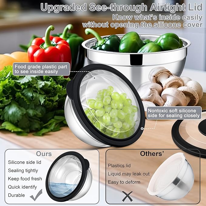 E-far Mixing Bowls with Lids and Graters, Stainless Steel Salad Mixing Bowl with Transparent Lid Set of 3, Metal Nesting Salad Storage for Kitchen Prepping/Serving/Baking, 4.6/2.6/1.5QT - Black