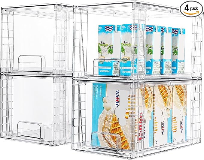 Vtopmart 4Pack Large Stackable Kitchen Pantry Storage Drawers, Clear Organizer Bins with Handles, Acrylic Drawer Organizers for Kitchen Pantry, Bathroom Undersink, Cabinet Organization and Storage
