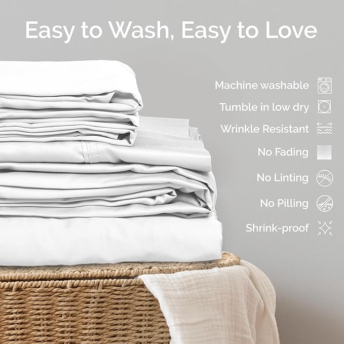 100% Viscose from Bamboo Sheets Queen Size, Super Soft Bedding Set, 4PC Cooling Sheets for Hot Sleepers, Vegan Silk Moisture Wicking, Organically Grown Bedsheet, White - 60" x 80"