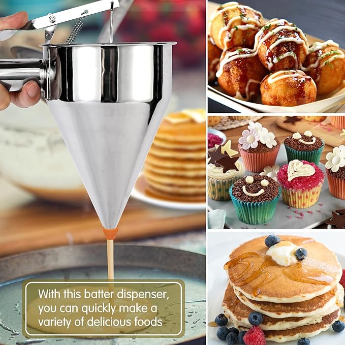 40oz Pancake Batter Dispenser Stainless Steel with Metal Spatula, Stand, Squeeze Handle and Versatile Silicone Funnel, Baking Tool for for Pancake, Cake, Cupcake, Waffles and Muffins Making