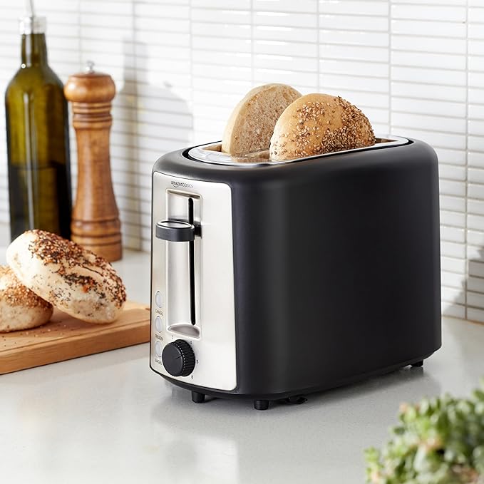 Amazon Basics 2 Slice Toaster, With 6 Browning Settings, Extra Wide Slots For Bagels and Special Breads, Removable Easy-to-Clean Crumb Tray, Cancel/Defrost/Bagel Buttons, 900W, Black & Silver