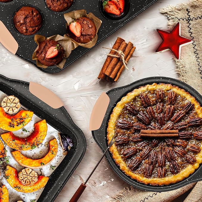 11-Piece Baking Pans Set, Nonstick Bakeware Sets, Oven Pans for Baking with Silicone Handles, Includes Cookie Sheet, Cake Pans, Loaf Pan, Pizza Pan, Muffin Pan, Khaki&Black¡­