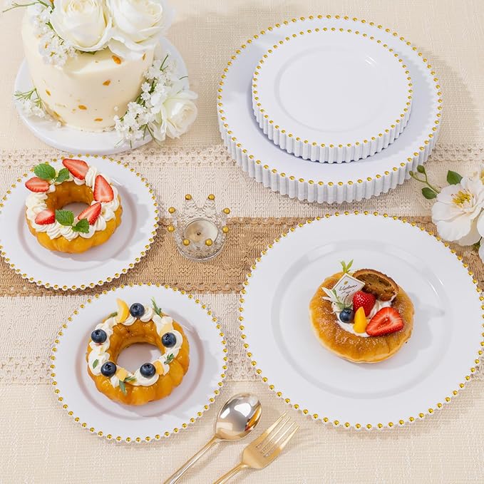supernal 100pcs White Plastic Plates with Gold Trim Fancy Disposable Plates Includes 50 Plastic Dinner Plate and 50 Dessert Disposable Plate for Party,Wedding,Bridal Shower