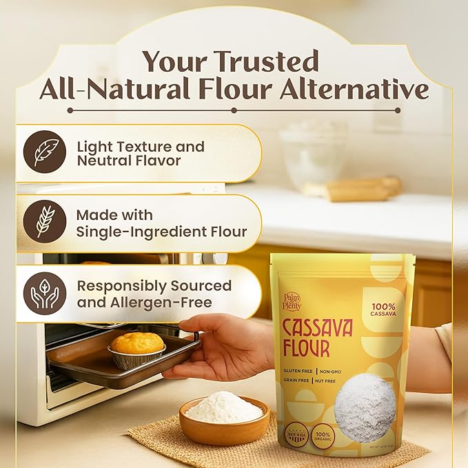 Palm & Plenty Natural Cassava Flour - Gluten Free, Grain Free, and Nut Free All Purpose Flour Alternative - Great for Tortillas, Pancakes, Pasta, and Baking - Non GMO Yuca Root-Based Flour - 2 lb Bag