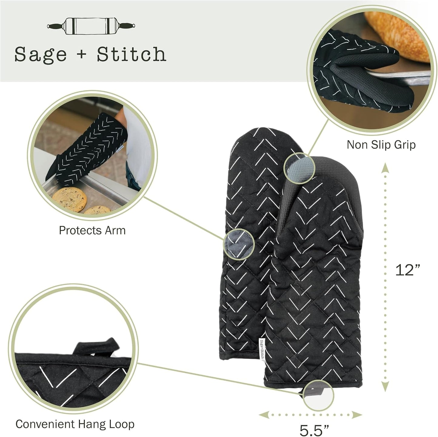 Heat Resistant Designer Kitchen Oven Mitts with Neoprene Non-Slip Grips and Hanging Loops | Set of 2 100% Cotton Long Sleeve Kitchen Oven Mitts | 5.5" x 12" | Black