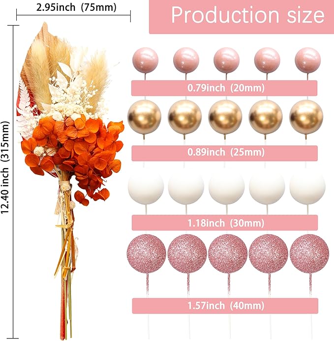 Gyufise 21 Pack Flower Boho Cake Topper Ball Cake Decorations Palm Leaves Plants Cake Decor for Girl Bohemian Princess Theme Wedding Baby Shower Birthday Party Supplies Rose Gold