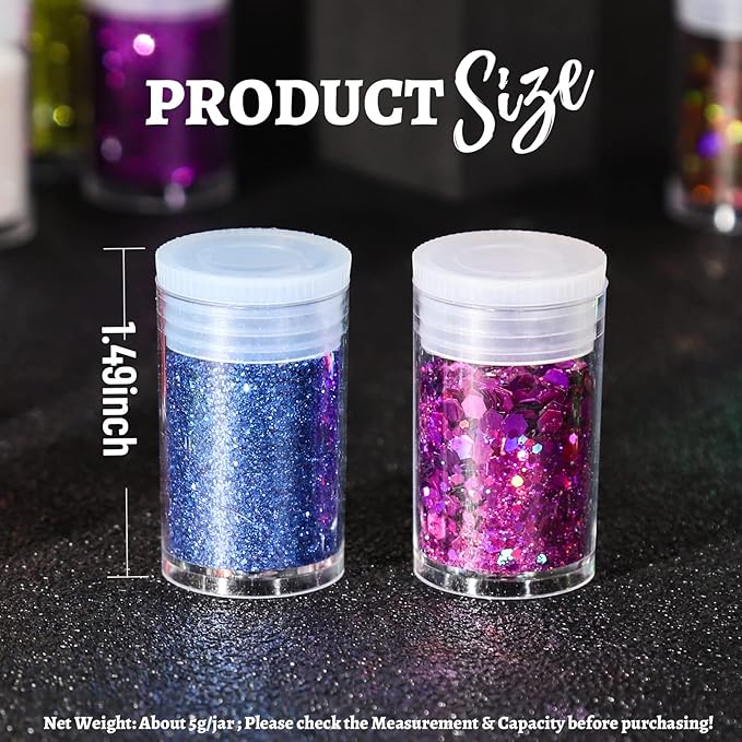 LEOBRO Glitter, 32 Colors Fine and Chunky Glitter for Crafts, Resin, Halloween Christmas Decors, Nail Body, Art Crafts