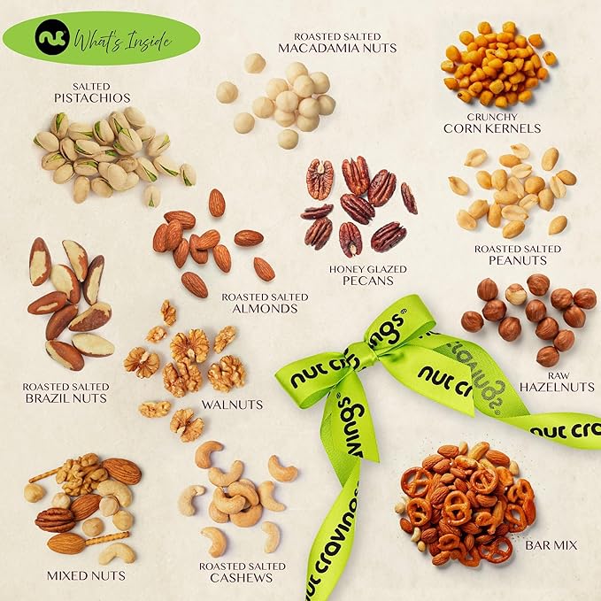 NUT CRAVINGS - Mixed Nuts Gift Basket in Reusable Diamond Wooden Tray + Green Ribbon (12 Assortments) Food Arrangement, Healthy Snack Care Package, Food Assortments